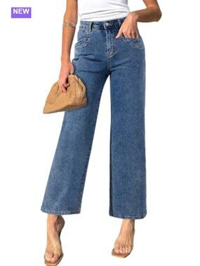 Straight Leg Wide Leg Ankle Denim Jeans High Waisted Stretchy Pants with Pockets